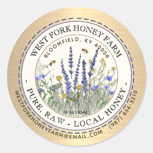 Wildflower Honey Label Bees and Dashed Border Gold (Front)
