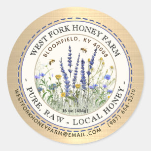 Wildflower Honey Label Bees and Dashed Border Gold
