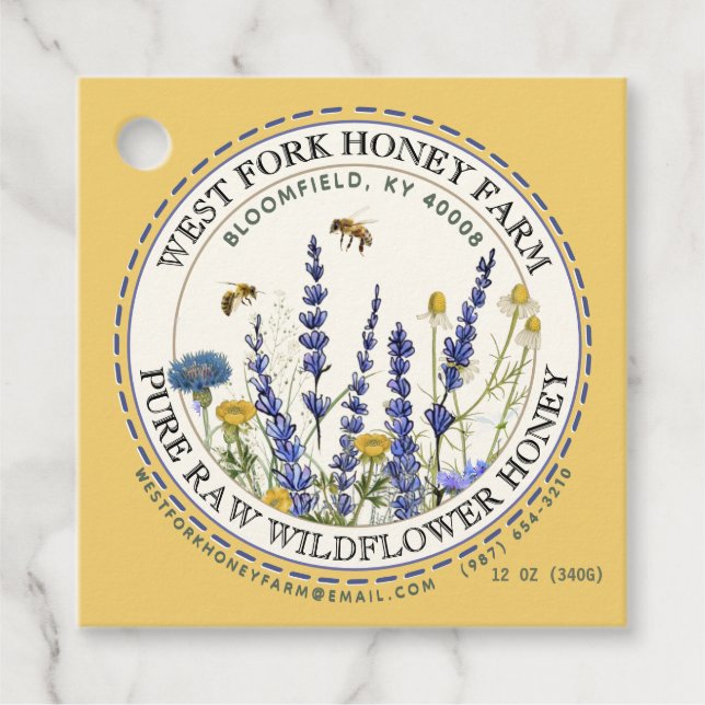 Wildflower Honey Label with Bees Dashed Border (Front)