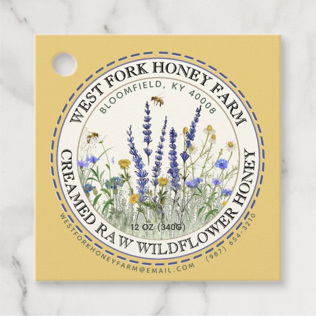 Wildflower Honey Label with Bees Dashed Border (Front)