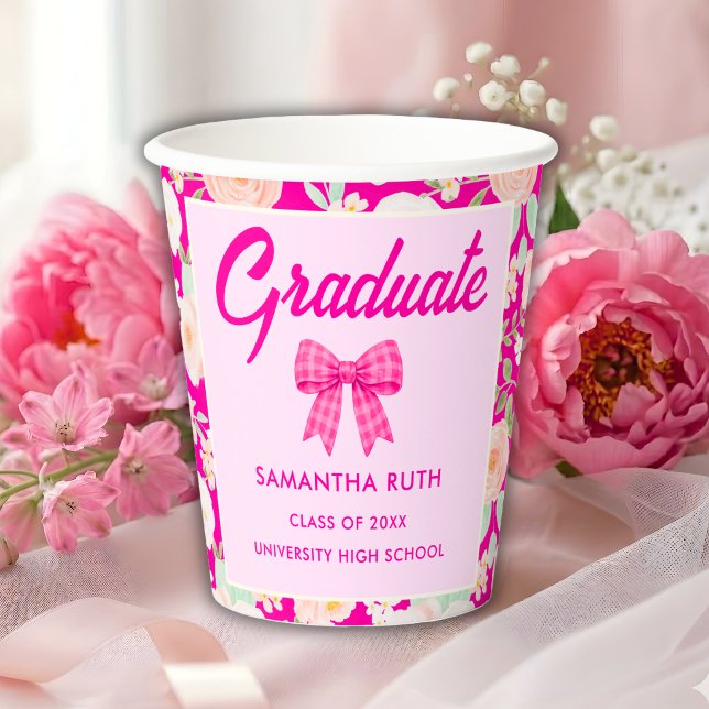 Wildflower Hot Pink Gingham Bow Graduation Party Paper Cups (Creator Uploaded)
