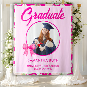 Wildflower Hot Pink Gingham Bow Photo Grad Banner Tapestry