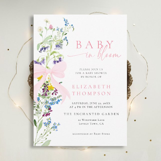 Wildflower in Bloom Garden Bow Girl Baby Shower Invitation (wildflowers baby shower invitation in bloom elegant pink bow garden party watercolor calligraphy)
