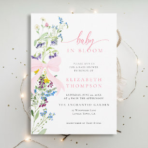 Wildflower in Bloom Pink Bow Girl Baby Shower Invitation