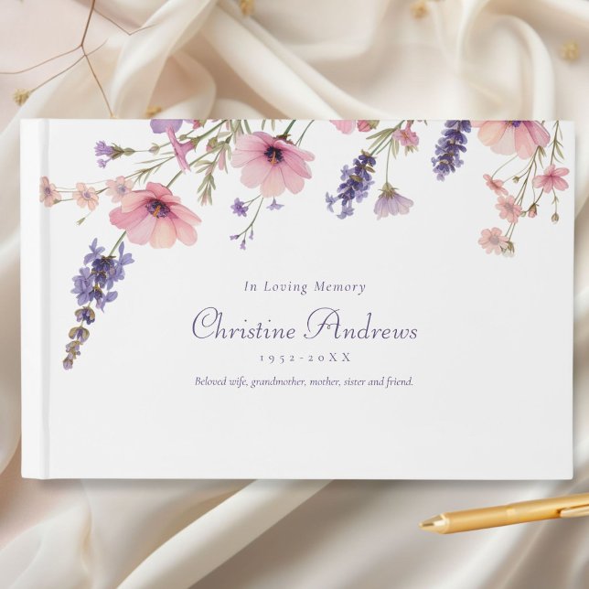 Wildflower "In Loving Memory" Funeral Guest Book (Wildflower "In Loving Memory" Funeral Guest Book, White-Purple, Floral)