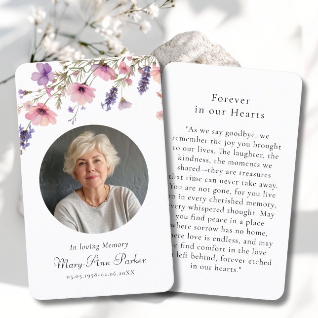 Wildflower "In loving Memory" Photo Funeral Business Card (Wildflower "In loving Memory" Photo Funeral Sympathy Beige Memorial Prayer Cards.)