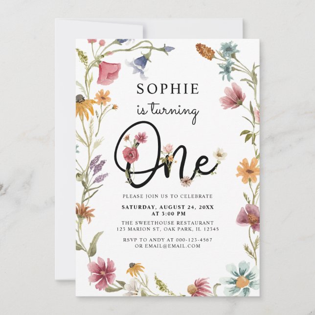 Wildflower Is Turning One Girl 1st Birthday Invitation (Front)