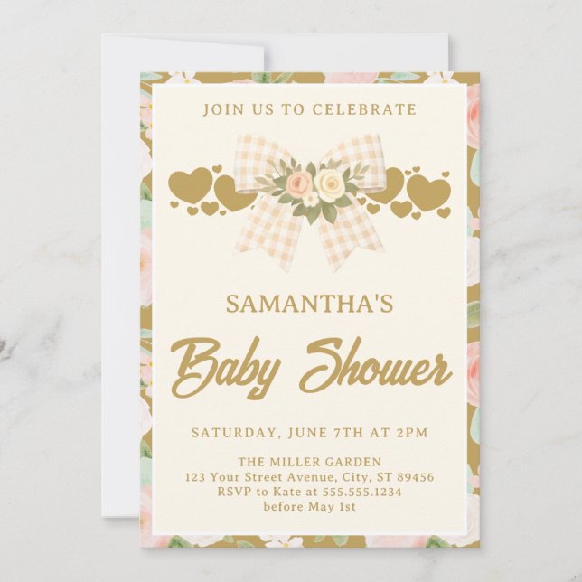 Wildflower Ivory Gingham Bow Baby Shower Invitation (Front)