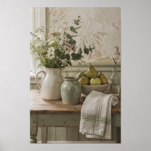 Wildflower Jug with Pears and Linen Poster