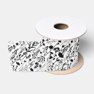 Wildflower Large Flower Pattern in Black and White Satin Ribbon