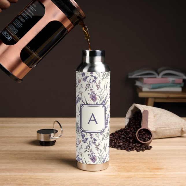 Wildflower Lavender Boho Botanical Floral Monogram Water Bottle (Coffee)