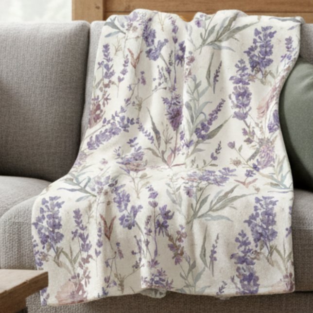 Wildflower Lavender Boho Botanical Floral Pattern Fleece Blanket (Creator Uploaded)