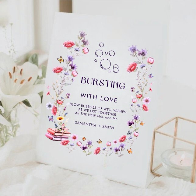 Wildflower Lavender Bursting with Love Bridal  Pedestal Sign (Romantic wildflower “Bursting with Love” sign for a dreamy bridal shower display.)