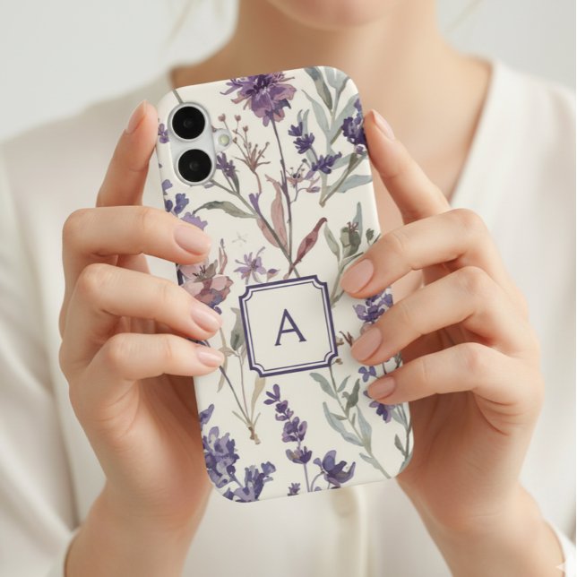 Wildflower Lavender Watercolor Monogram  iPhone 16 Case (Creator Uploaded)