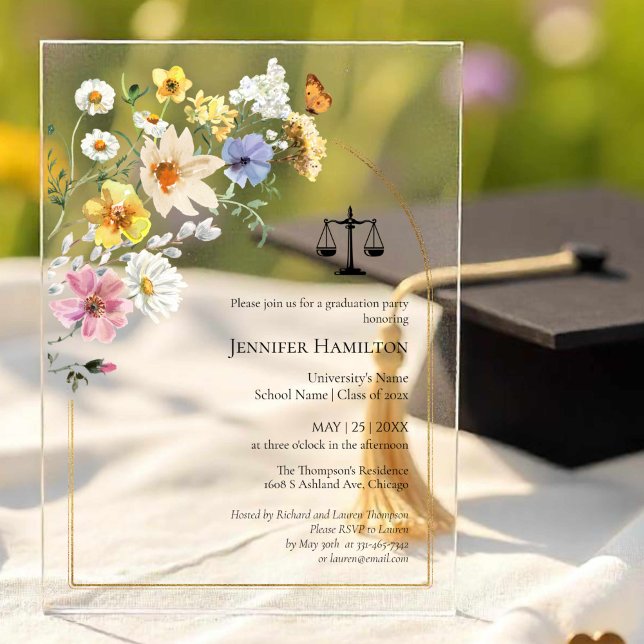 Wildflower Law School Graduation Party Photo Acrylic Invitations (Creator Uploaded)
