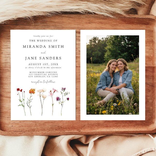 Wildflower Lesbian Pride Floral Photo Wedding Invitation (Creator Uploaded)