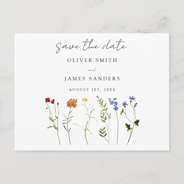 Wildflower LGBTQ Gay Pride Floral Save the Date Invitation Postcard (Front)