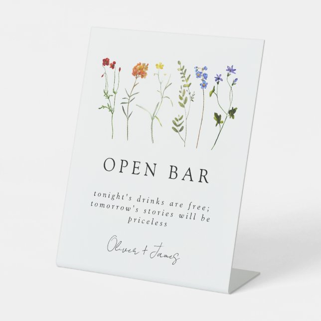 Wildflower LGBTQ Gay Pride Floral Wedding Open Bar Pedestal Sign (Front)