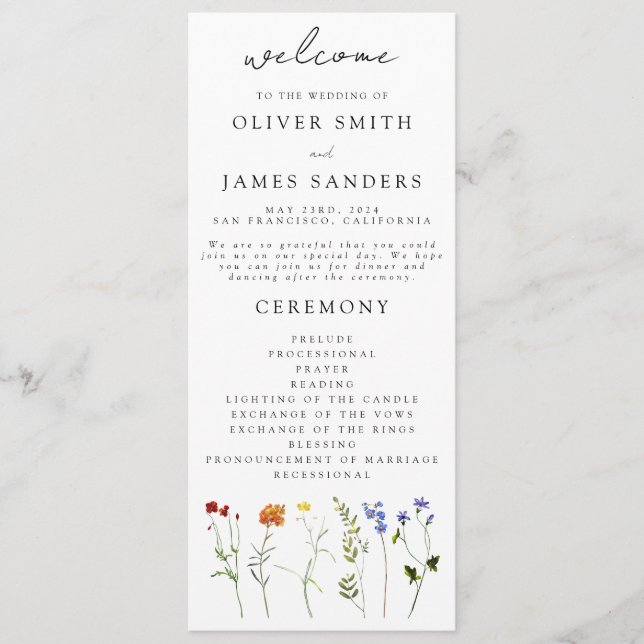 Wildflower LGBTQ Gay Pride Floral Wedding Program (Front)