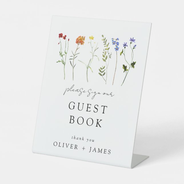 Wildflower LGBTQ Pride Floral Wedding Guest Book Pedestal Sign (Front)