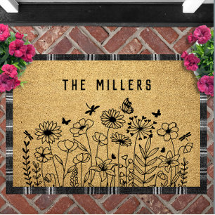 Wildflower Line Art Personalised Welcome Custom Doormat