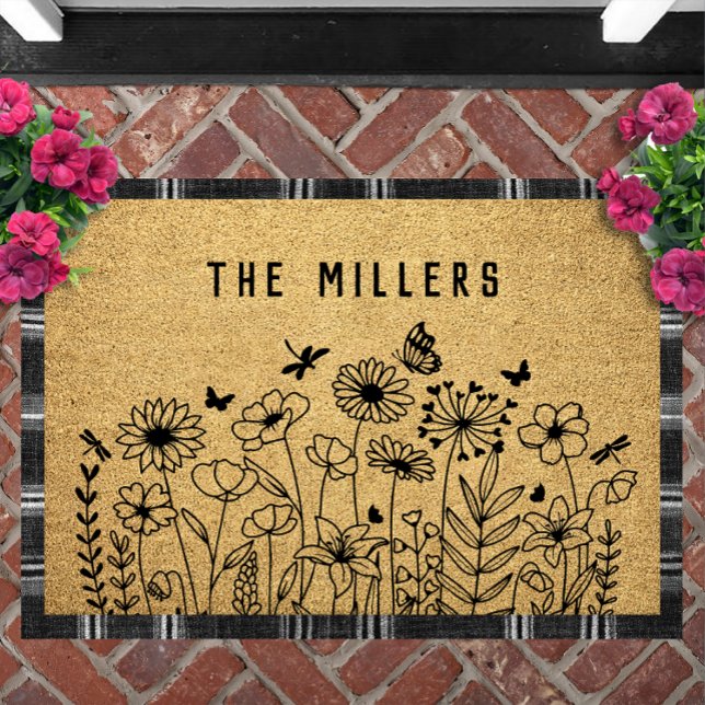 Wildflower Line Art Personalised Welcome Custom Doormat (Wildflower Line Art Personalized Doormat | Custom Text Welcome Mat Housewarming Gift)