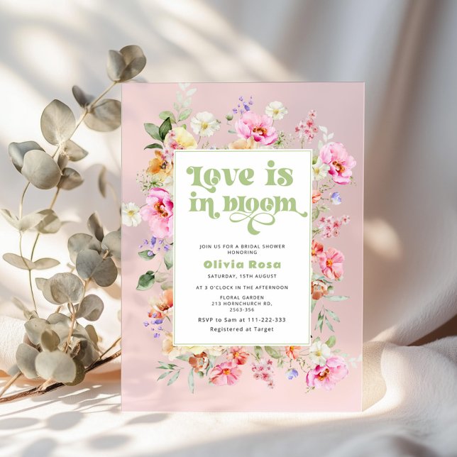 Wildflower Love is in Bloom Pink Bridal shower Acrylic Invitations (Creator Uploaded)