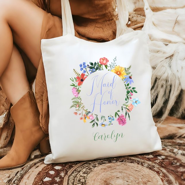 Wildflower Maid of Honour Script Wedding  Tote Bag (Maid of Honor Wildflower Tote Bag change the text colors to whatever color you like!)