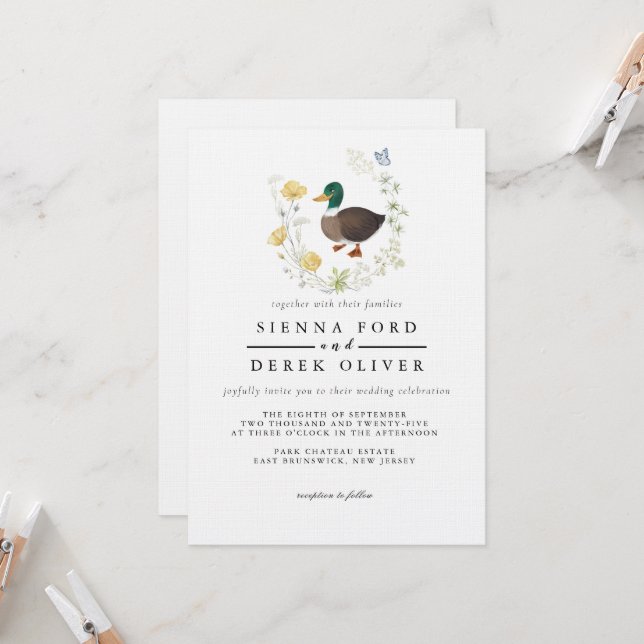 Wildflower Mallard Duck Wedding Invitation (Front/Back In Situ)