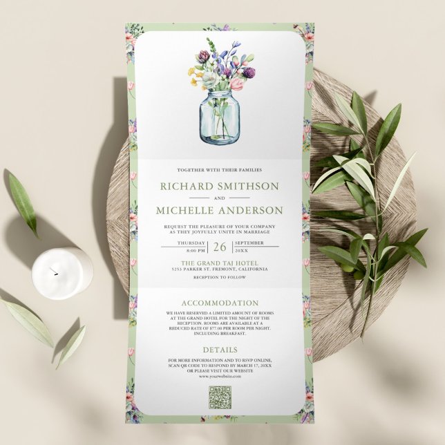 Wildflower Mason Jar All in One QR Code Wedding Tri-Fold Invitation (Creator Uploaded)
