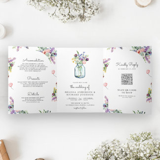 Wildflower Mason Jar All in One QR Code Wedding Tri-Fold Invitation