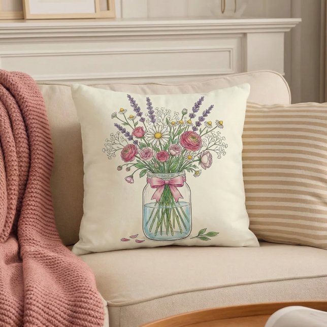 Wildflower Mason Jar Botanical Throw Pillow (Creator Uploaded)