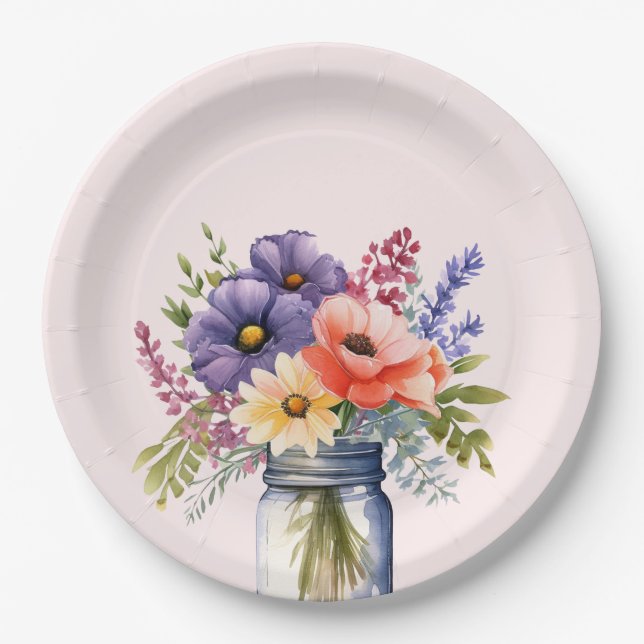 Wildflower Mason Jar Bridal Shower Paper Plates  (Front)