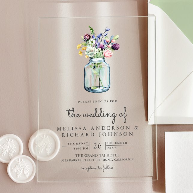 Wildflower Mason Jar Wedding Acrylic Invitations (Creator Uploaded)