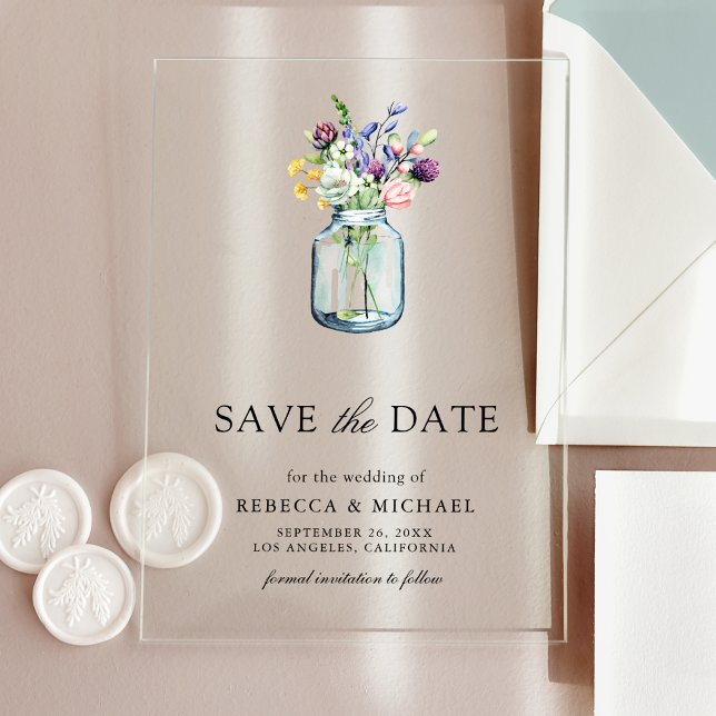 Wildflower Mason Jar Wedding Save the Date Acrylic Invitations (Creator Uploaded)