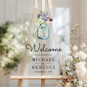 Wildflower Mason Jar Wedding Welcome Acrylic Sign