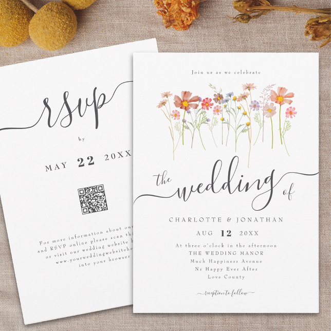 Wildflower Meadow Boho Whimsical Script QR Code Invitation (Wildflower meadow boho fall colors floral whimsical script wedding qr code invitation Watercolor)