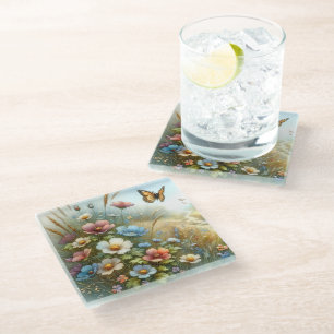 Wildflower Meadow Butterfly Garden Glass Coaster