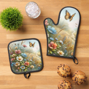Wildflower Meadow Butterfly Garden Oven Mitt & Pot Holder Set