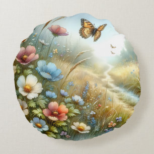 Wildflower Meadow Butterfly Garden Round Cushion