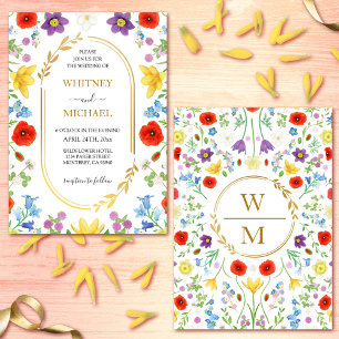 Wildflower Meadow Colourful White Monogram Wedding Invitation