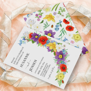 Wildflower Meadow Colourful White Spring Wedding Invitation