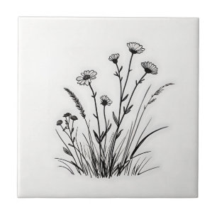 Wildflower Meadow Daisies Line Art Ceramic Tile