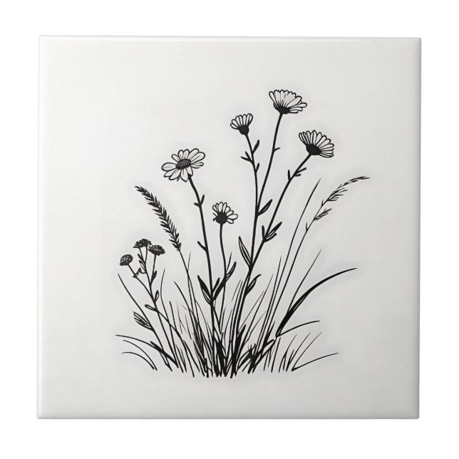 Wildflower Meadow Daisies Line Art Ceramic Tile (Front)