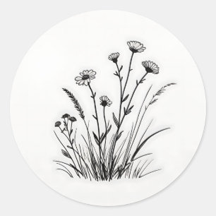 Wildflower Meadow Daisies Line Art Classic Round Sticker
