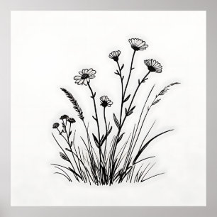 Wildflower Meadow Daisies Line Art Poster