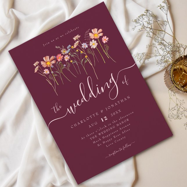 Wildflower Meadow Elegant Script Burgundy & Blush Invitation (Wildflower meadow boho floral burgundy & blush pink elegant script wedding invitation )
