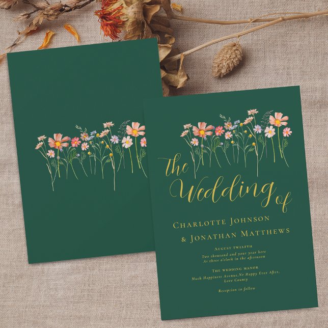 Wildflower Meadow Elegant Script Dark Green & Gold Invitation (Wildflower boho fall floral dark green & gold fall Wedding invitation Elegant script watercolor)