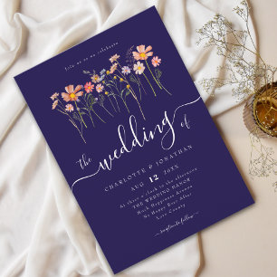 Wildflower Meadow Elegant Script Navy Blue & Blush Invitation