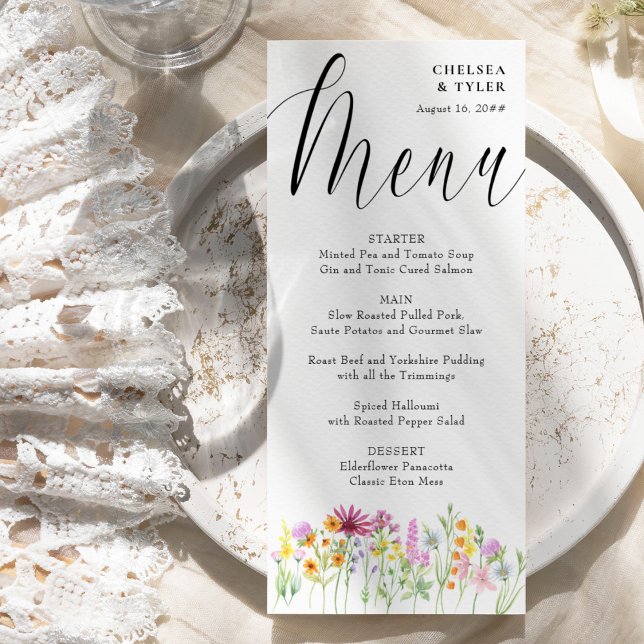 Wildflower Meadow Elegant Script Wedding Menu (Floral wedding menu with elegant calligraphy)